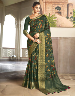 Collection of Green Soft Dola Silk with Kalamkari Print Saree in a gallery layout