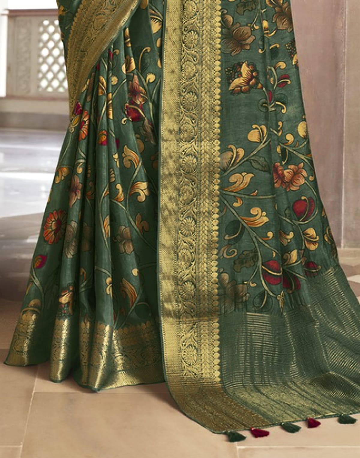 Collection of Green Soft Dola Silk with Kalamkari Print Saree in a gallery layout