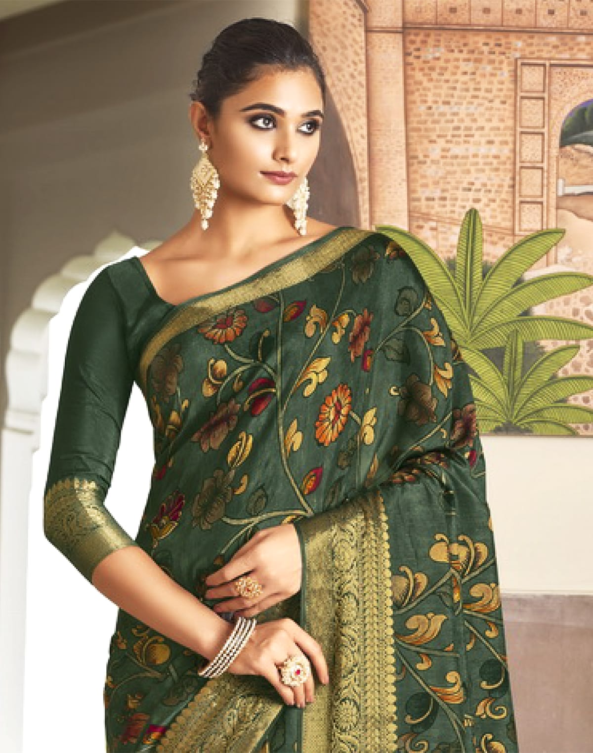 Collection of Green Soft Dola Silk with Kalamkari Print Saree in a gallery layout