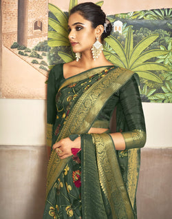 Collection of Green Soft Dola Silk with Kalamkari Print Saree in a gallery layout