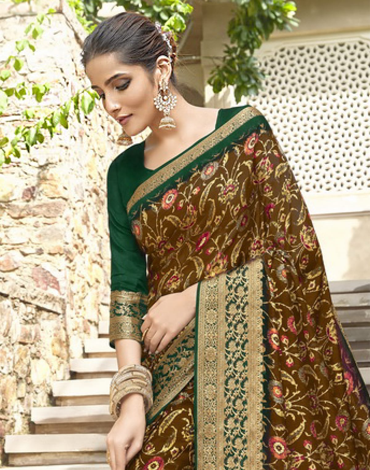 Collection of Brown Floral Dola Silk Saree with contrast Blouse in a gallery layout