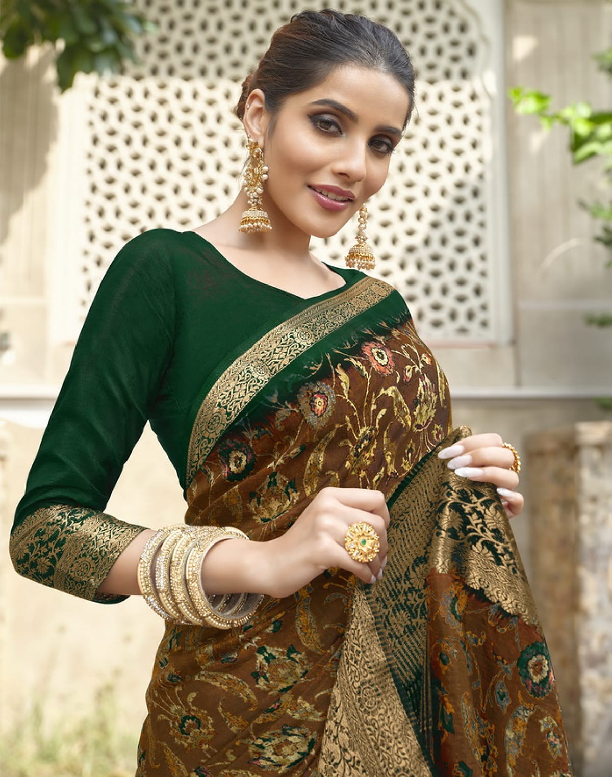 Brown Floral Dola Silk Saree with contrast Blouse