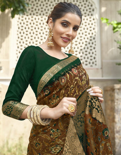 Collection of Brown Floral Dola Silk Saree with contrast Blouse in a gallery layout