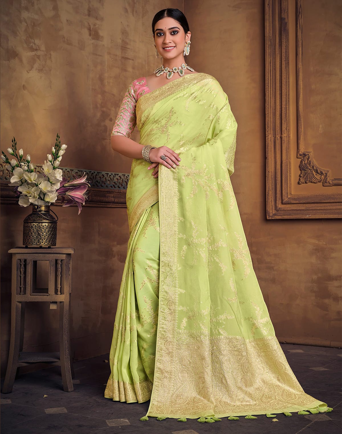 Collection of Elegant Light Green Dola Silk Saree in a gallery layout