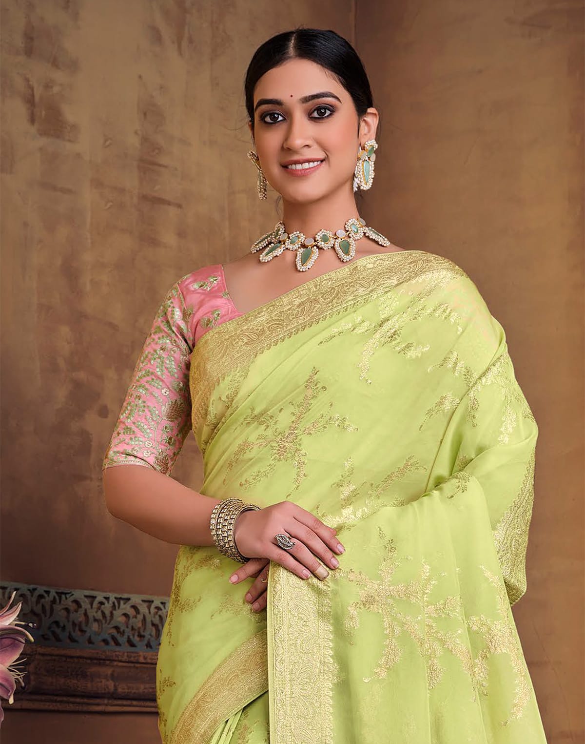 Collection of Elegant Light Green Dola Silk Saree in a gallery layout