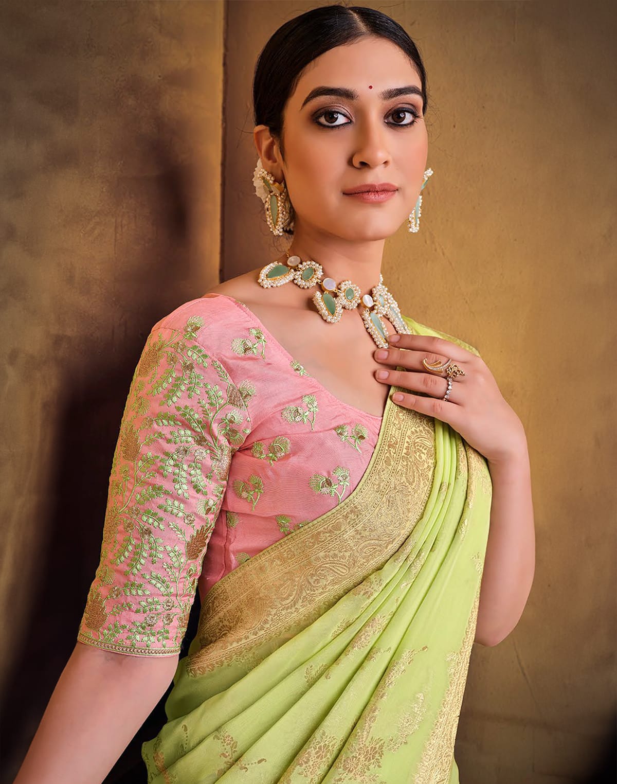 Collection of Elegant Light Green Dola Silk Saree in a gallery layout