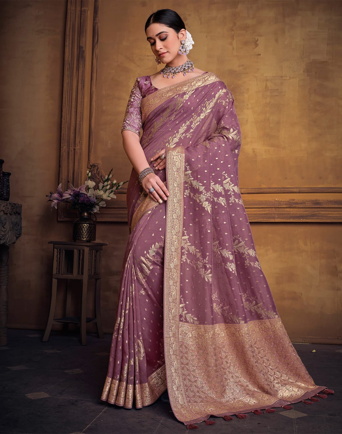 Collection of Light Brown Soft Dola Silk Saree with Embroidery work Blouse Piece in a gallery layout