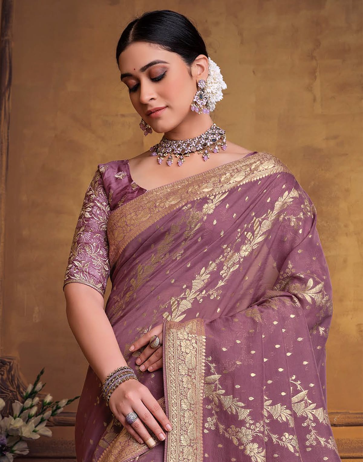 Collection of Light Brown Soft Dola Silk Saree with Embroidery work Blouse Piece in a gallery layout