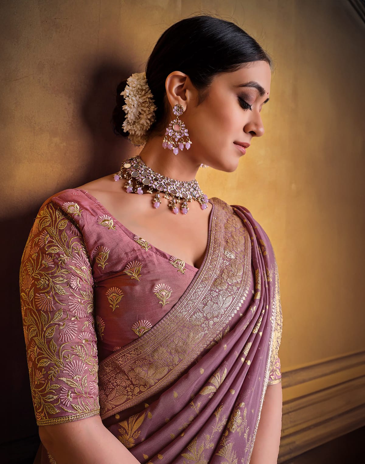 Light Brown Soft Dola Silk Saree with Embroidery work Blouse Piece