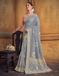 Collection of Grey and Pink Soft Dola Silk Saree in a gallery layout