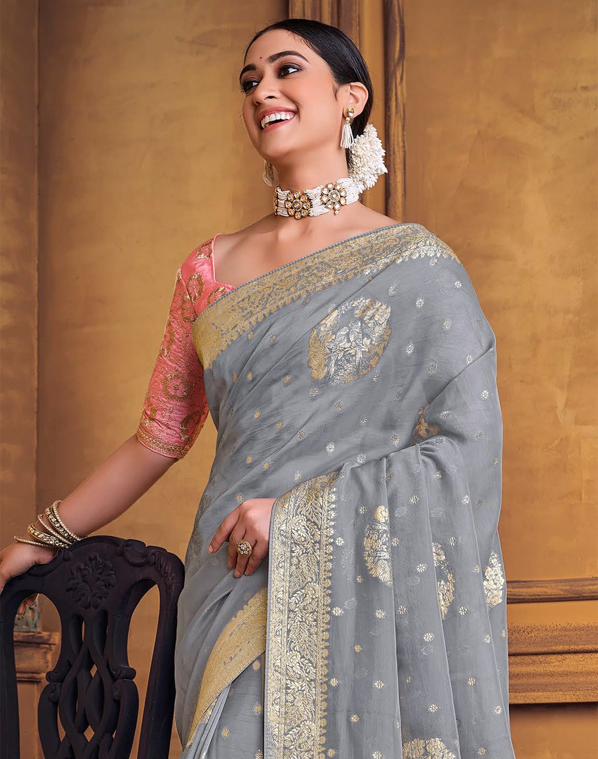 Collection of Grey and Pink Soft Dola Silk Saree in a gallery layout