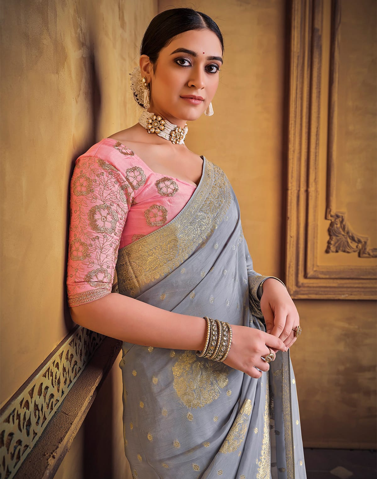 Collection of Grey and Pink Soft Dola Silk Saree in a gallery layout