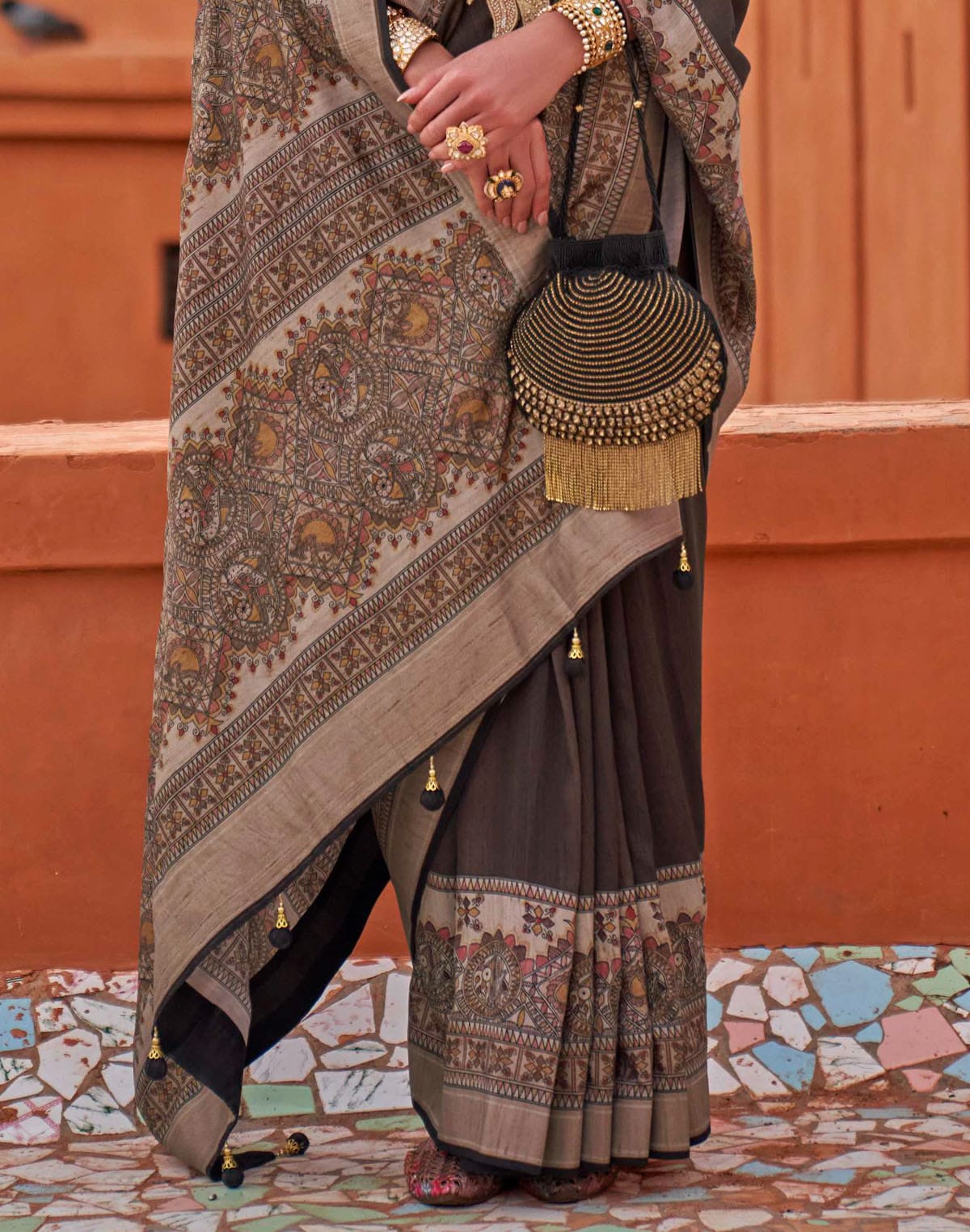 Grey Digital Print Jute Silk Kalamkari Border Saree