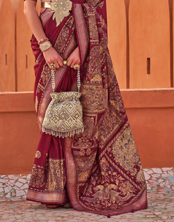 Collection of Gorgeous Maroon Digital Print Jute Silk with Kalamkari Border in a gallery layout