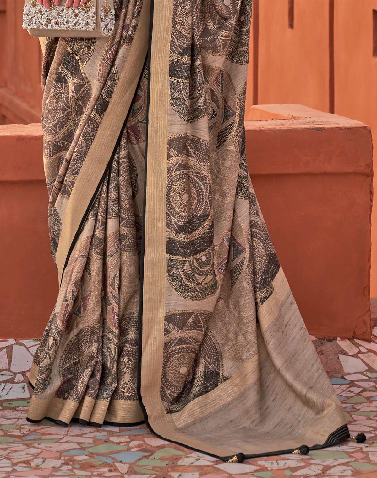 Beige Color Graphic Printed Classic Jute Silk Saree