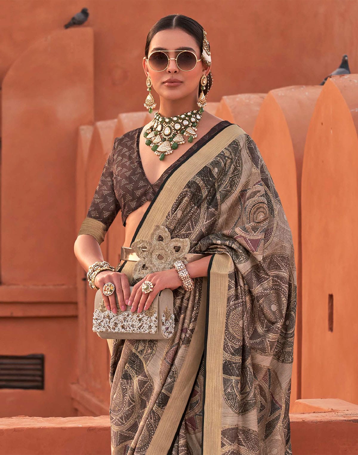 Beige Color Graphic Printed Classic Jute Silk Saree