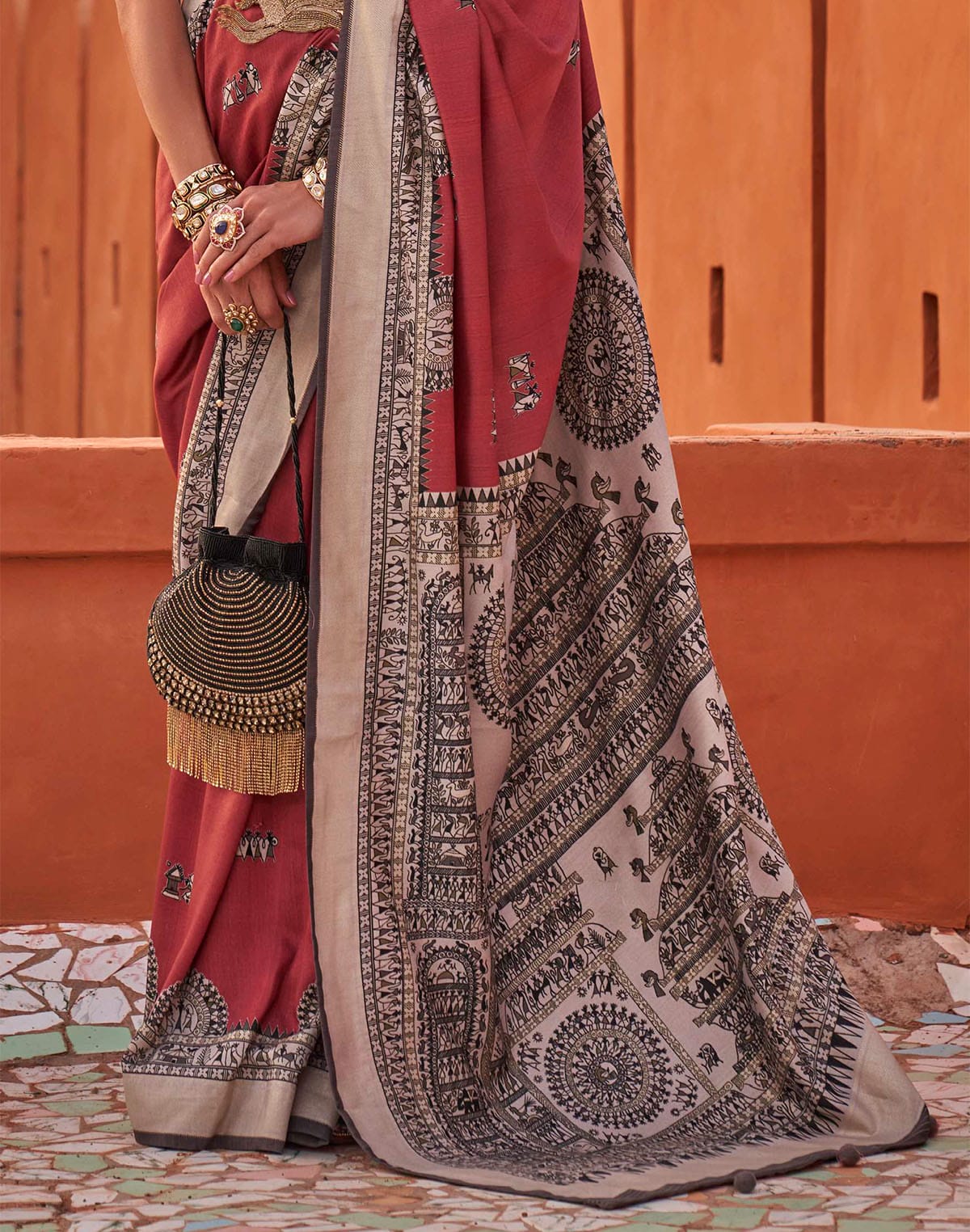 Red Jute Silk Saree With Madhubani Boarder and Pallu