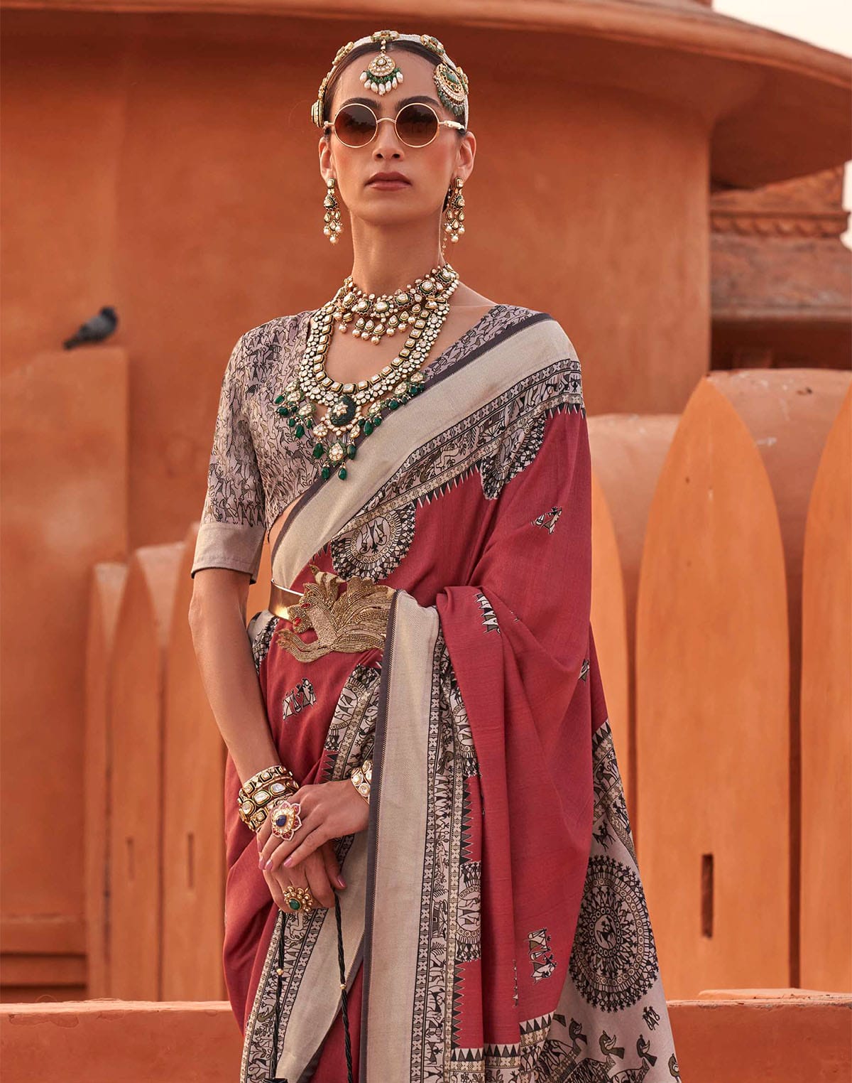 Red Jute Silk Saree With Madhubani Boarder and Pallu