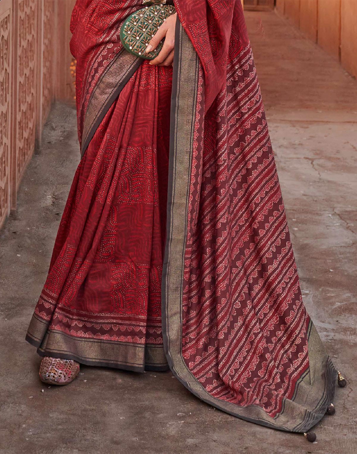 Red Color Graphic Printed Classic Jute Silk Saree