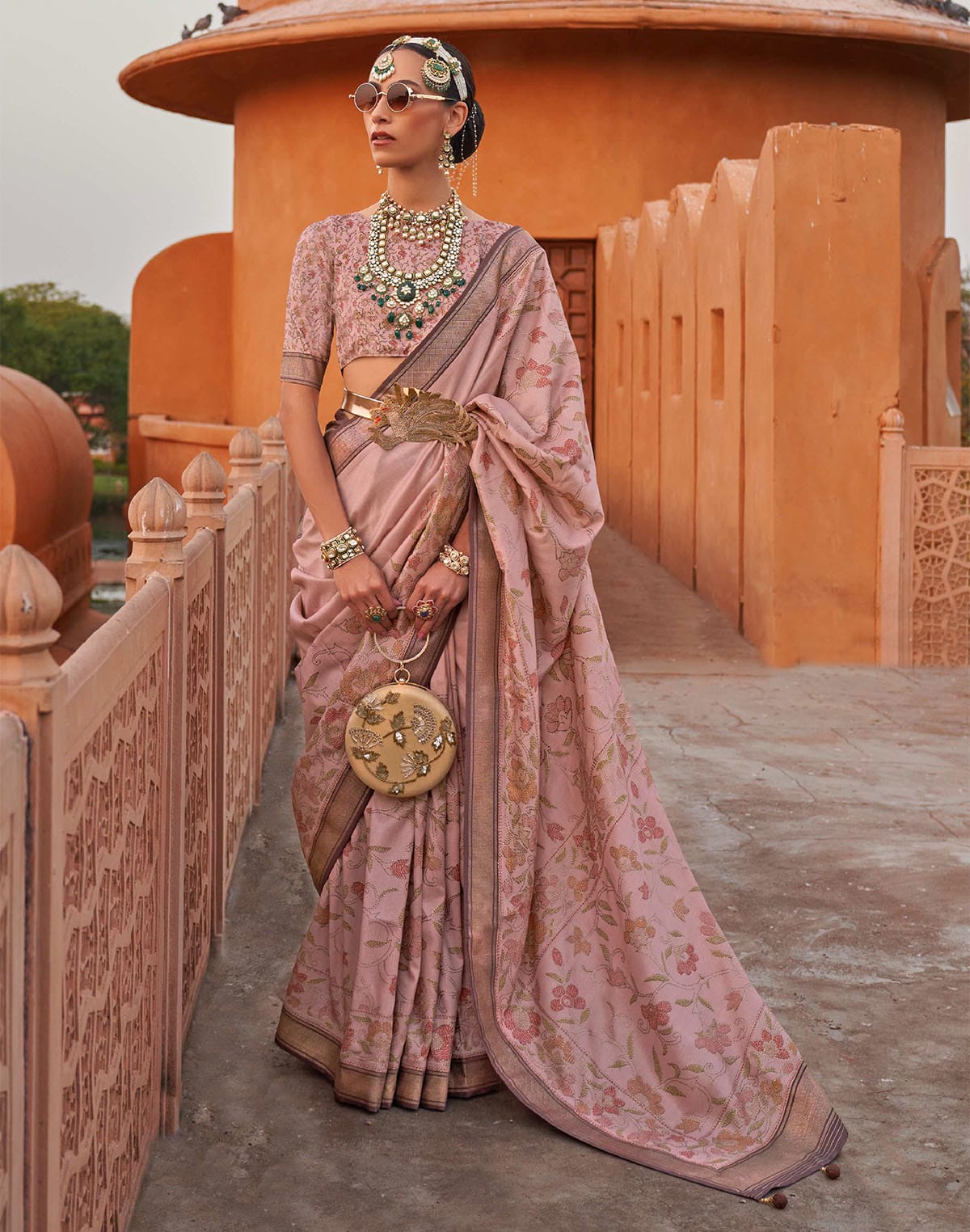 Collection of Light Peach Color Floral Printed Classic Jute Silk Saree in a gallery layout