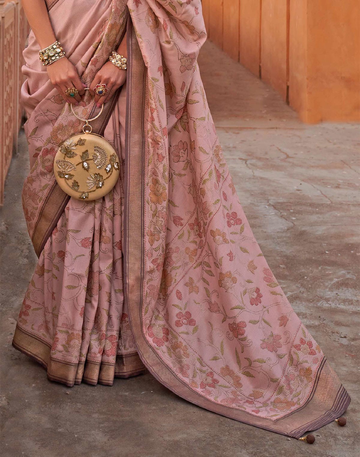 Collection of Light Peach Color Floral Printed Classic Jute Silk Saree in a gallery layout