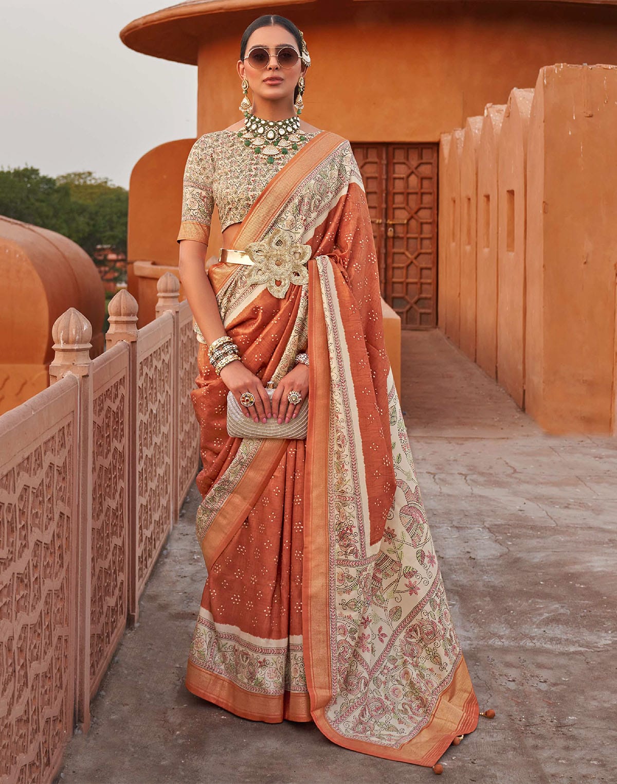 Pretty Orange Designer Jute Silk Saree With Kalamkari Border and Pallu