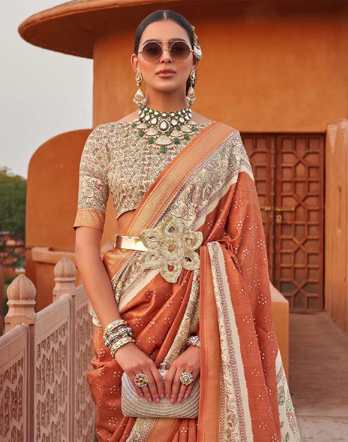 Collection of Pretty Orange Designer Jute Silk Saree With Kalamkari Border and Pallu in a gallery layout