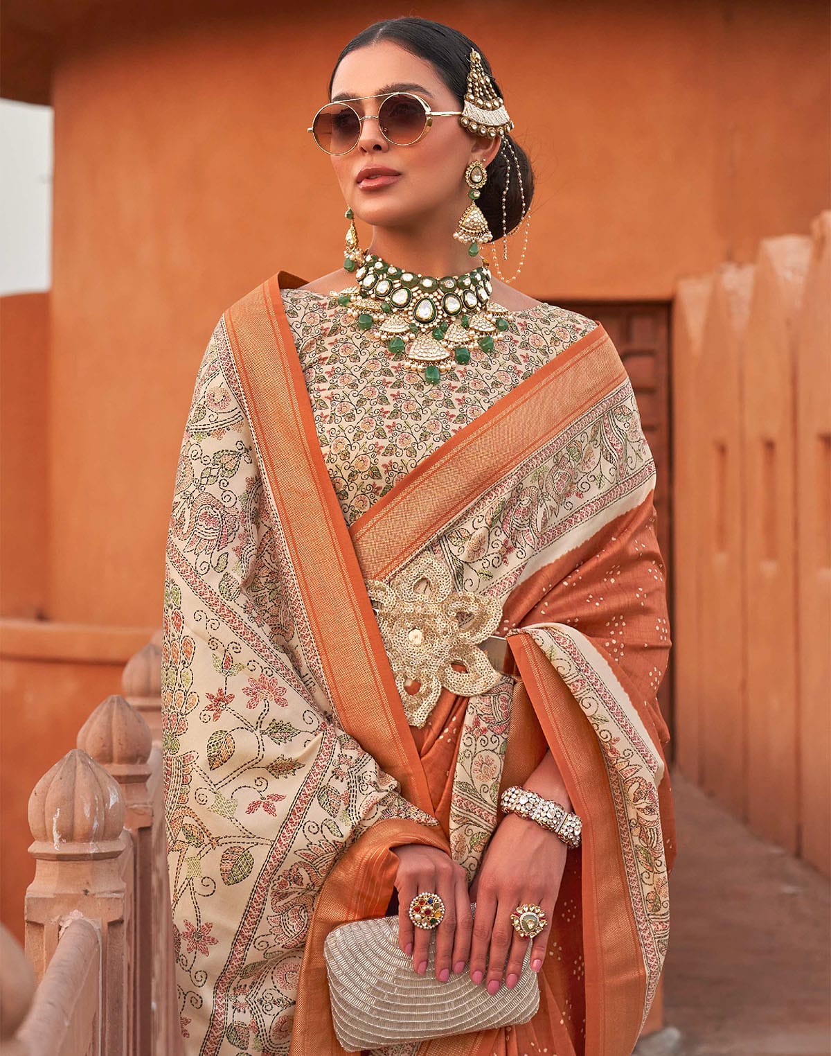 Collection of Pretty Orange Designer Jute Silk Saree With Kalamkari Border and Pallu in a gallery layout