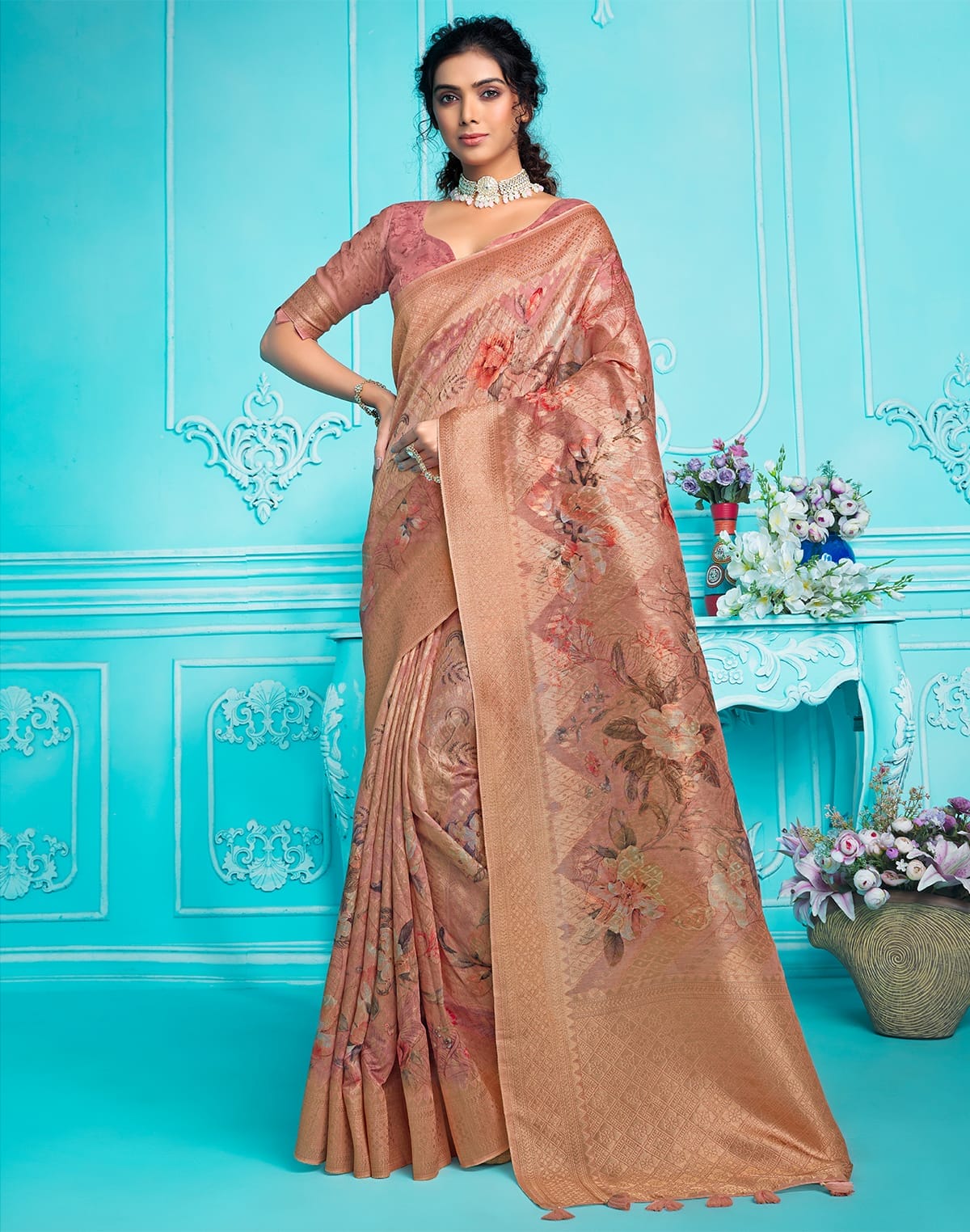 Peachmode Digital Print with Zari Weaving Organza Saree