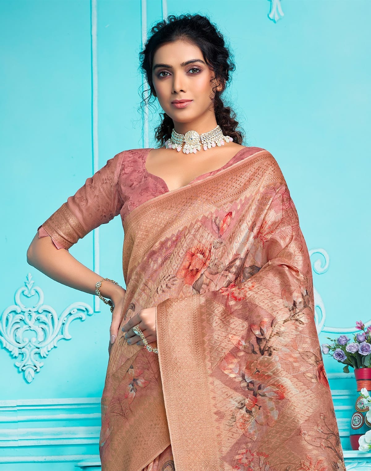 Collection of Peachmode Digital Print with Zari Weaving Organza Saree in a gallery layout