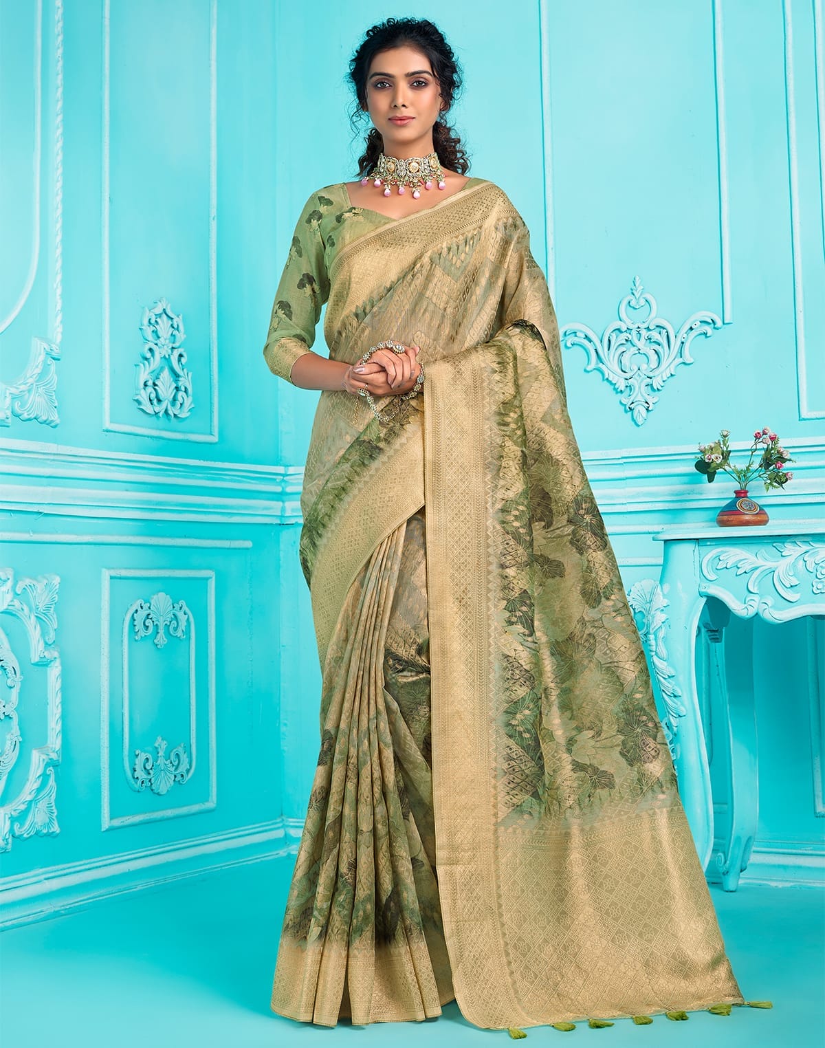 Pista Green digital Print Zari weaving Organza Saree