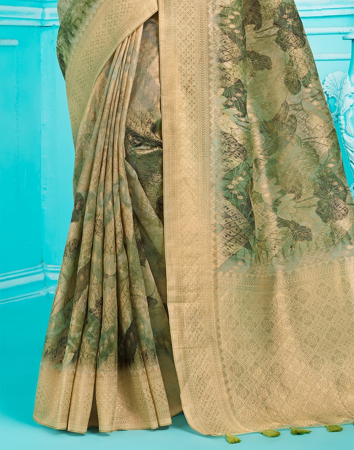 Pista Green digital Print Zari weaving Organza Saree