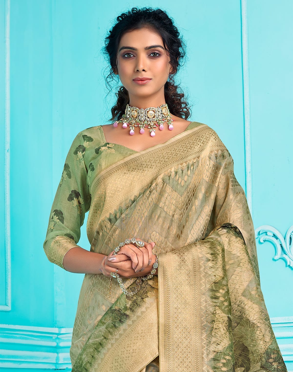 Pista Green digital Print Zari weaving Organza Saree