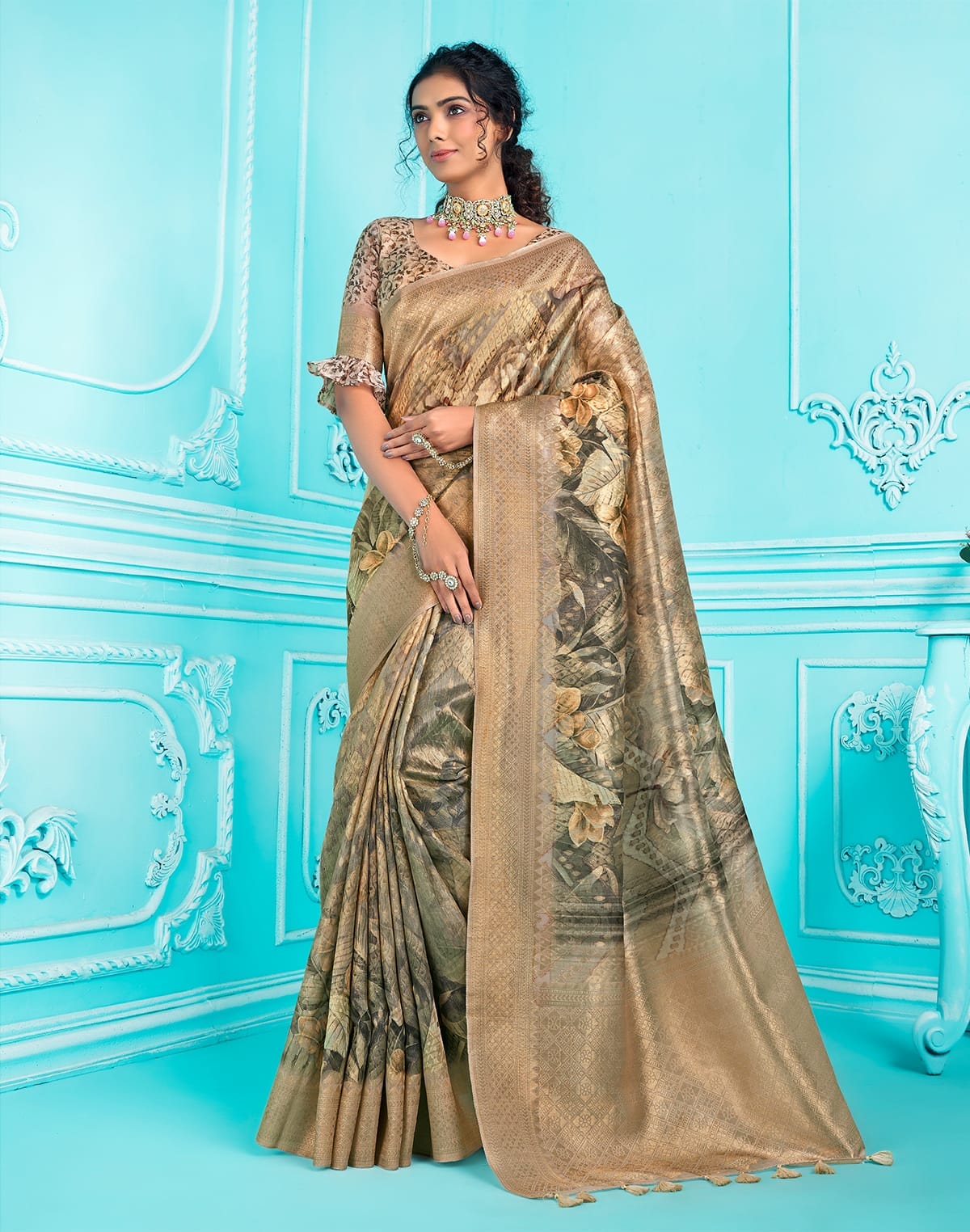 Collection of Digital Print with Zari weaving Organza Saree in a gallery layout