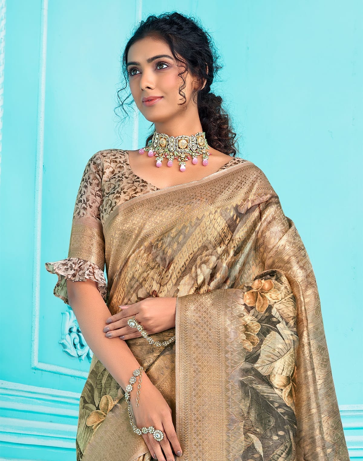 Collection of Digital Print with Zari weaving Organza Saree in a gallery layout