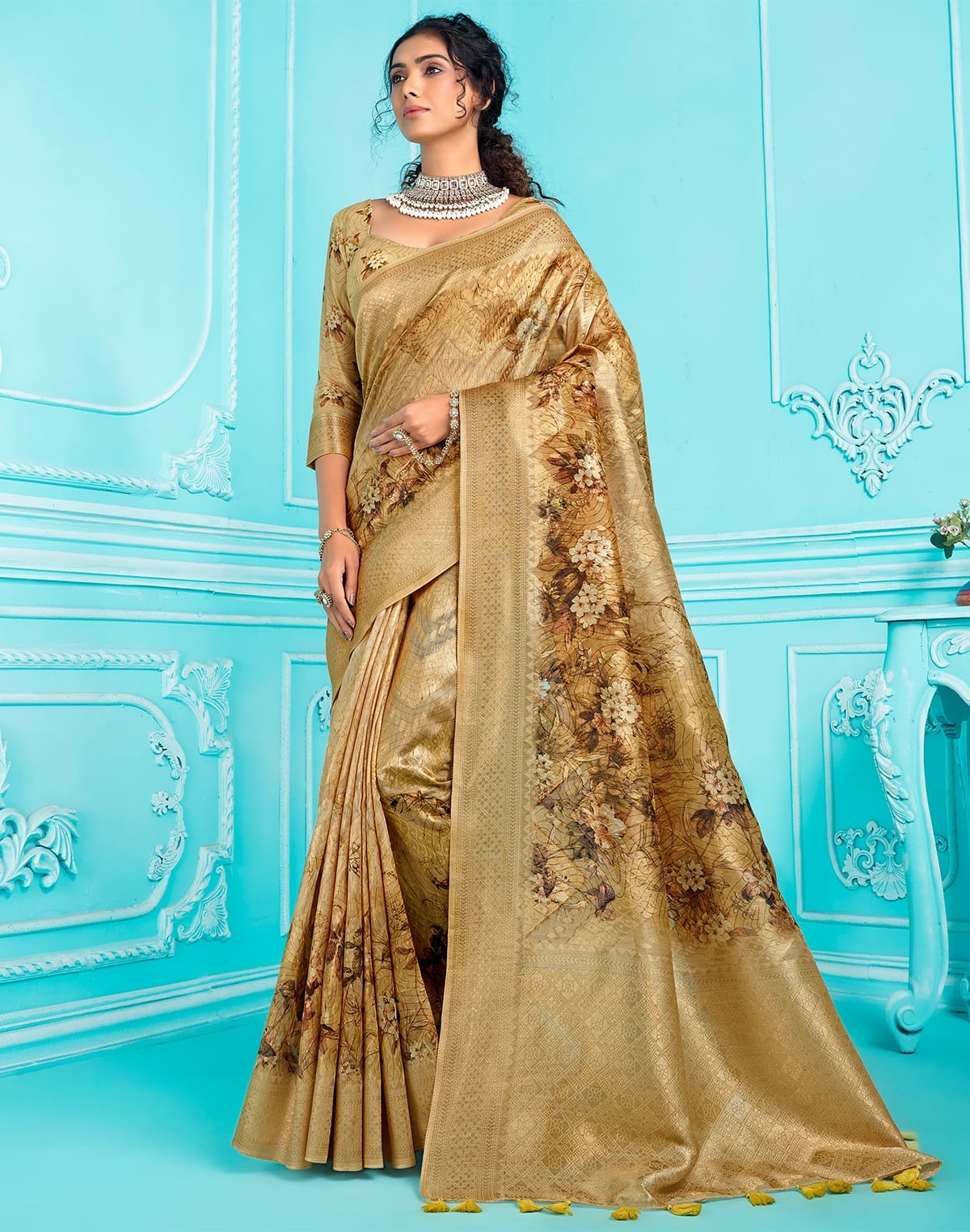 Gold Organza digital Printed zari weaving Saree