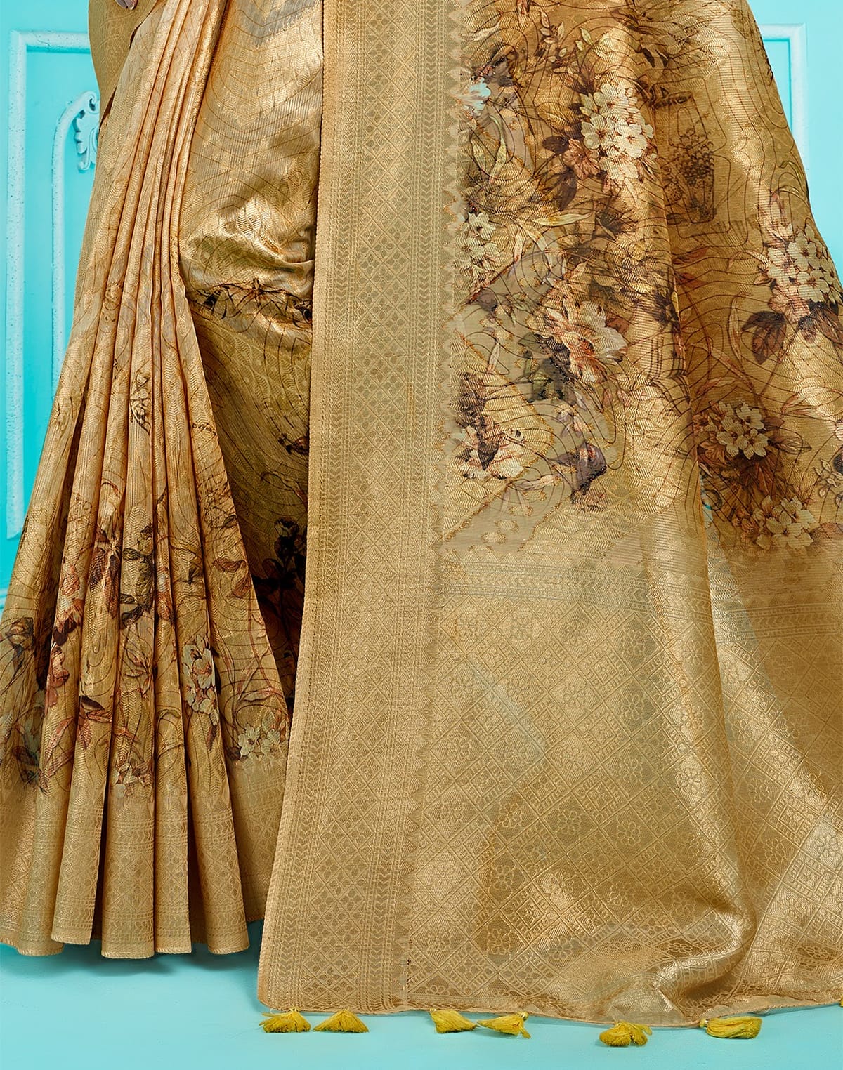 Collection of Gold Organza digital Printed zari weaving Saree in a gallery layout