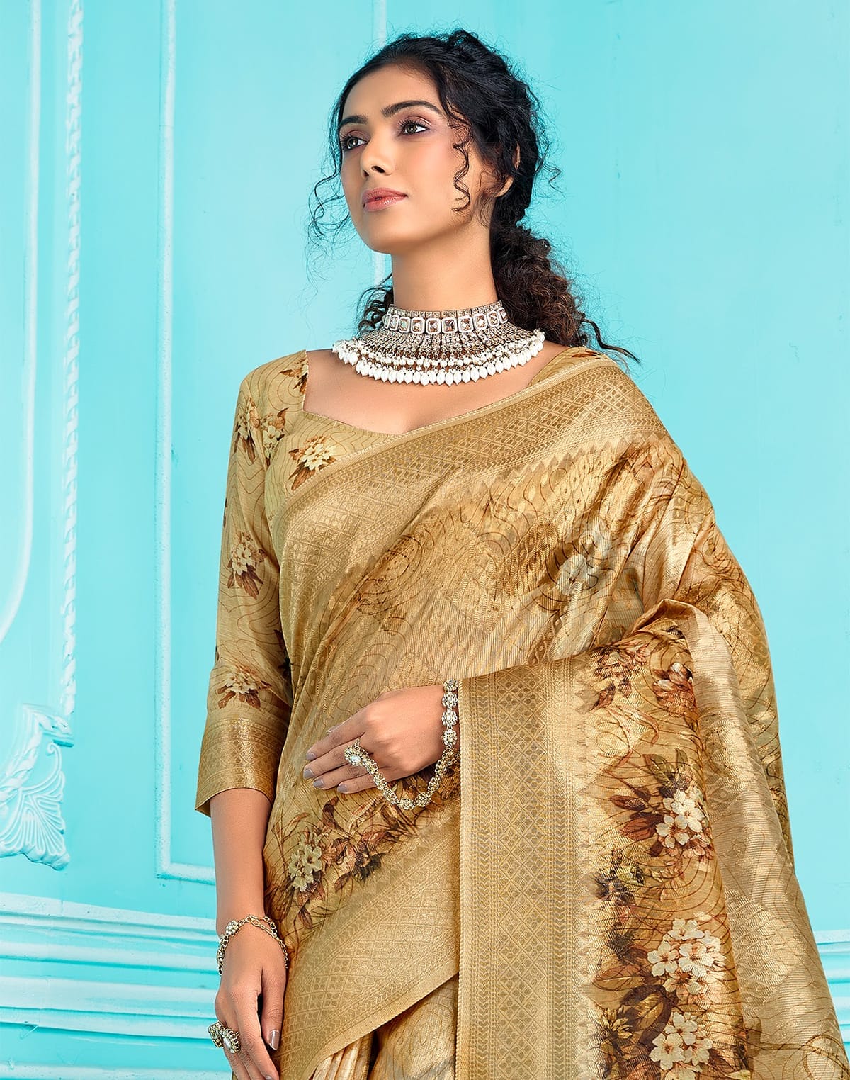 Collection of Gold Organza digital Printed zari weaving Saree in a gallery layout