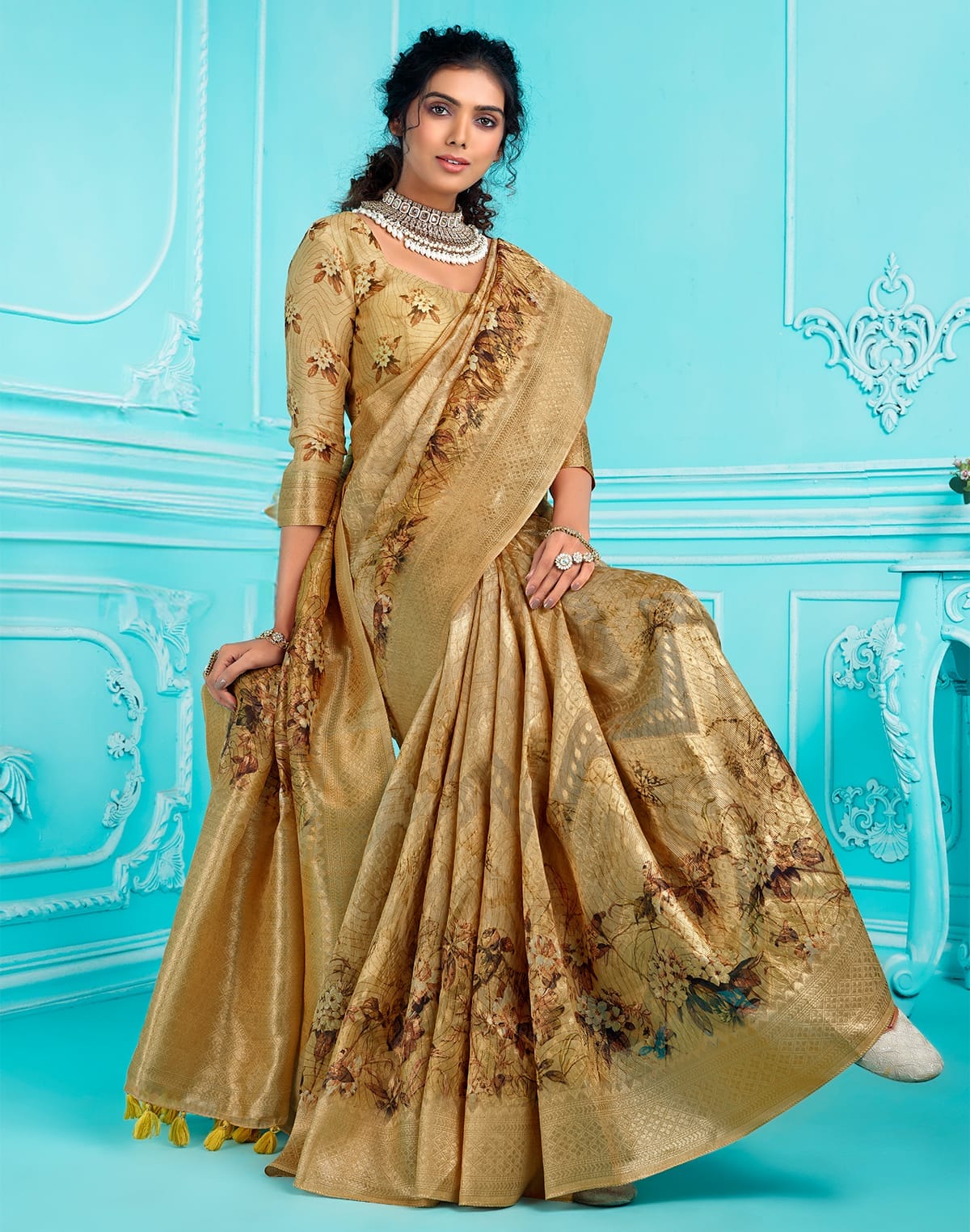 Collection of Gold Organza digital Printed zari weaving Saree in a gallery layout