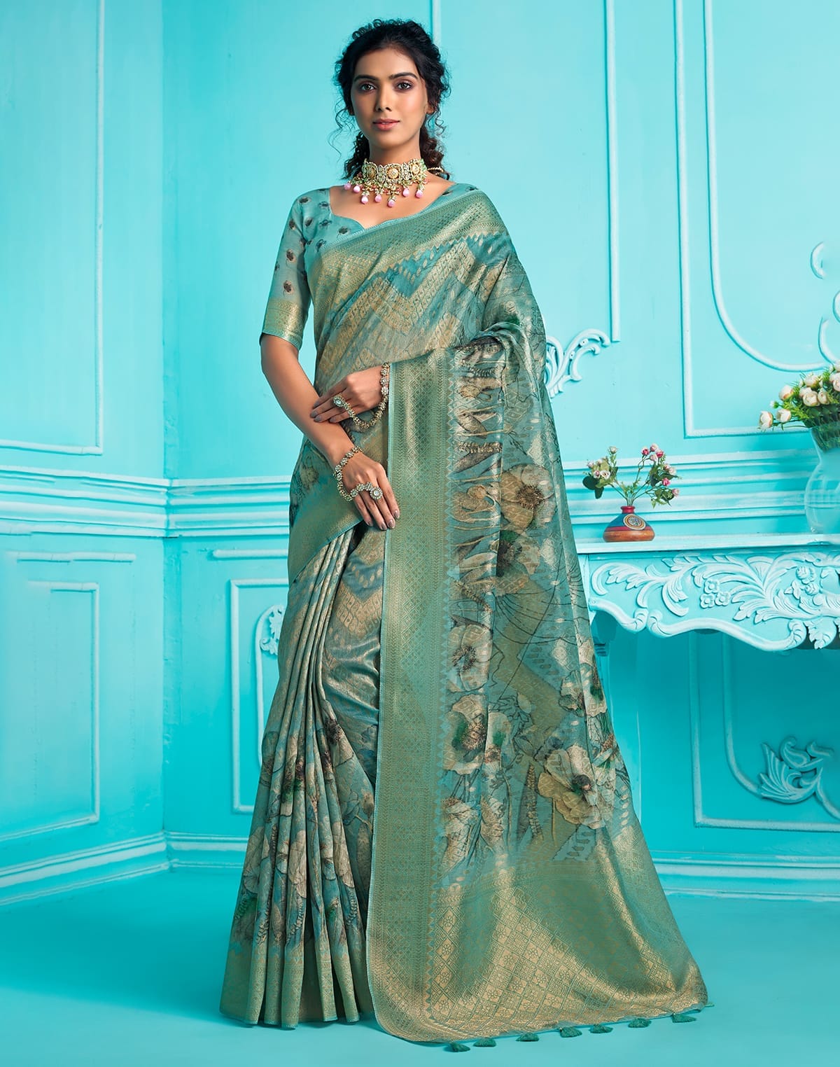 Rama Blue Floral digital Print Organza Saree