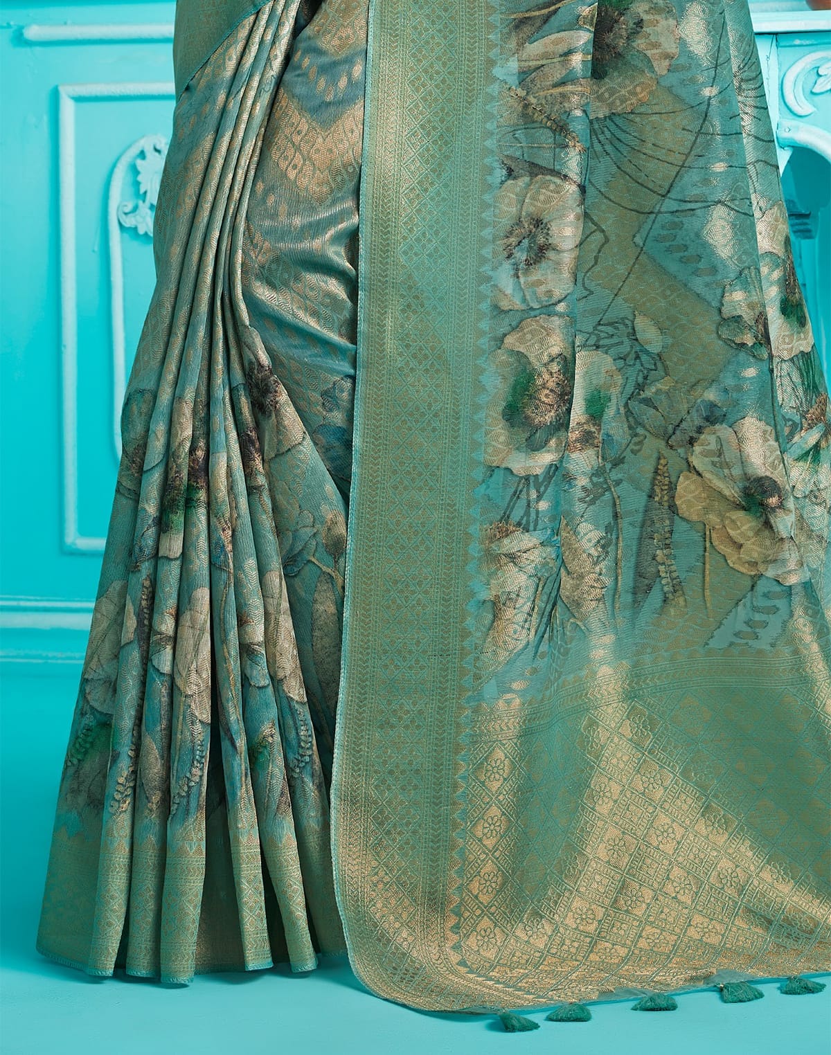 Collection of Rama Blue Floral digital Print Organza Saree in a gallery layout