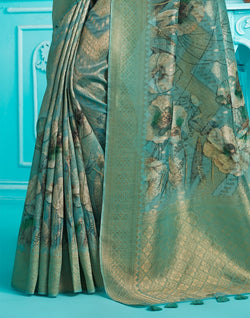 Collection of Rama Blue Floral digital Print Organza Saree in a gallery layout