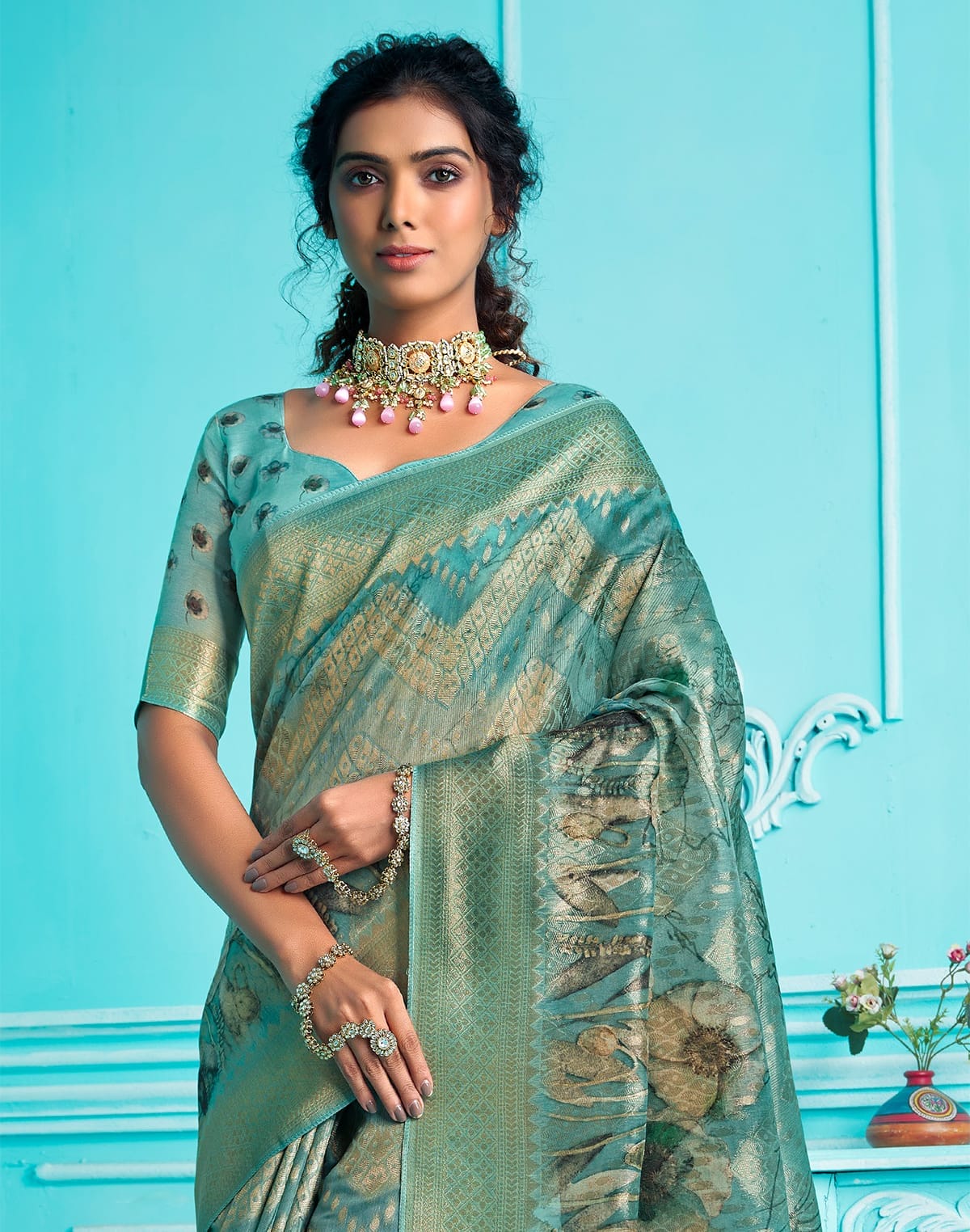 Rama Blue Floral digital Print Organza Saree