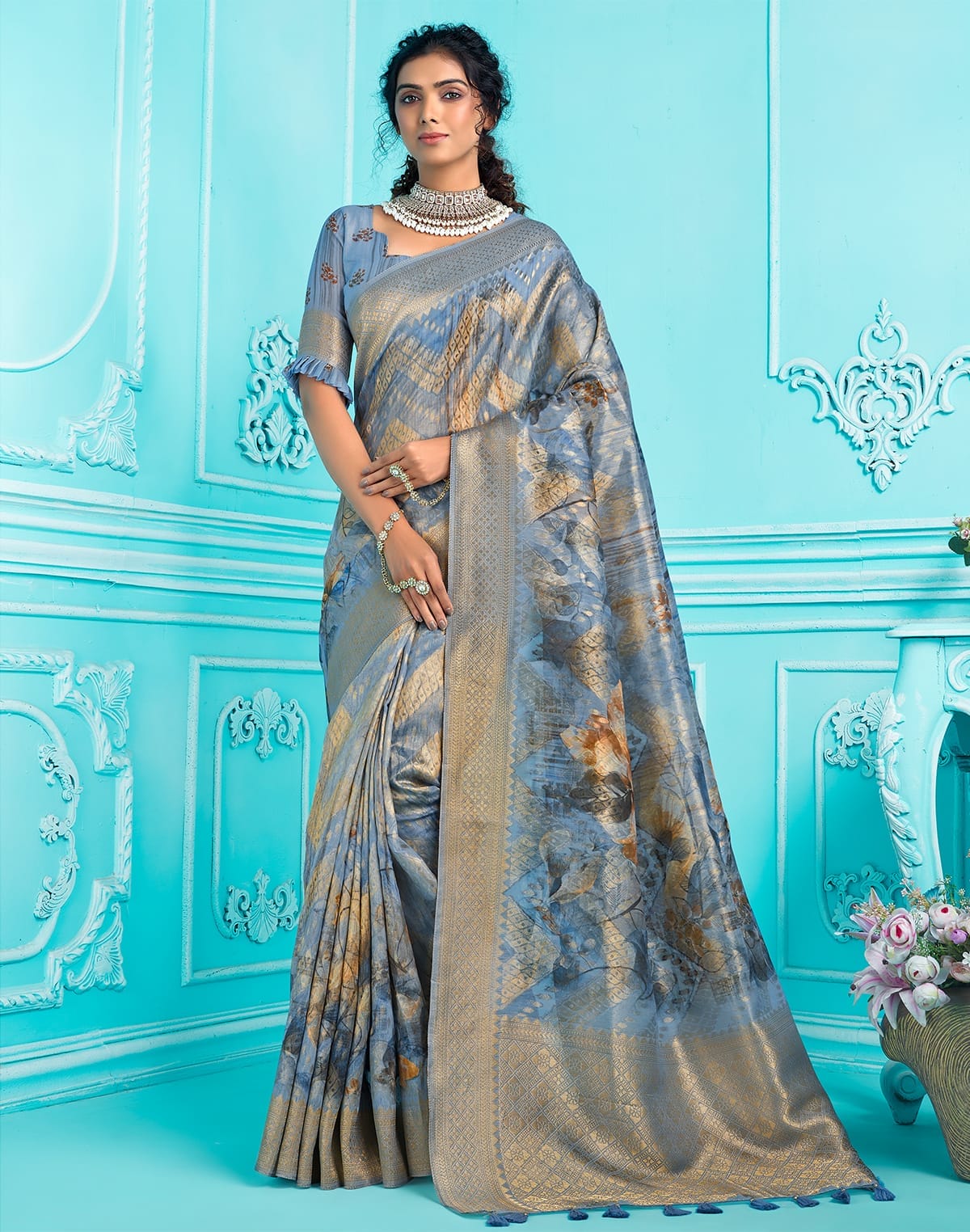 Sky Blue Floral digital print with zari weaving Organza Saree