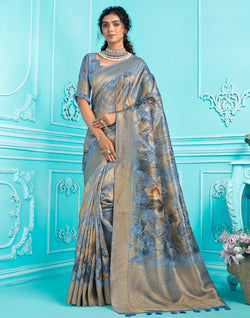 Collection of Sky Blue Floral digital print with zari weaving Organza Saree in a gallery layout