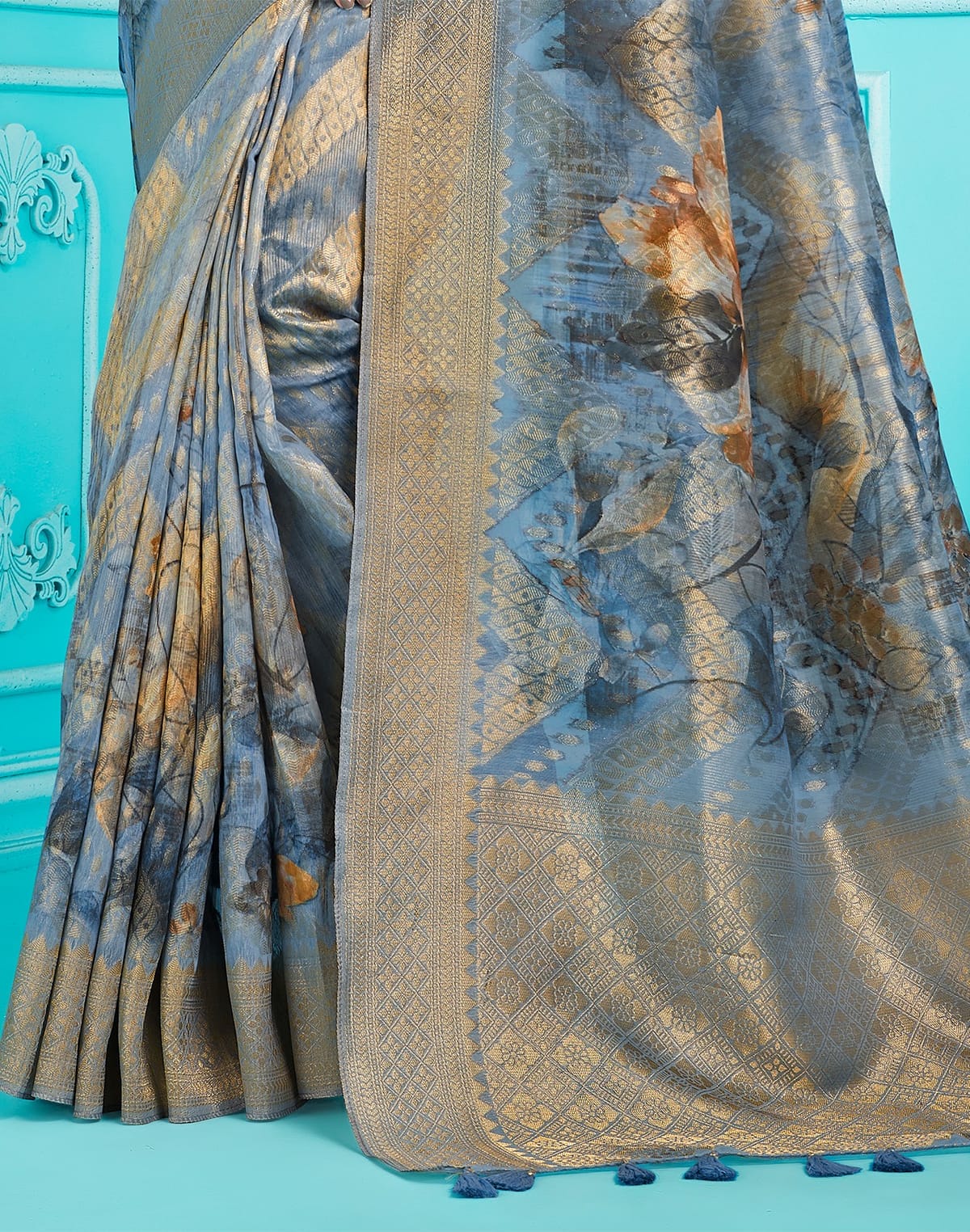 Collection of Sky Blue Floral digital print with zari weaving Organza Saree in a gallery layout