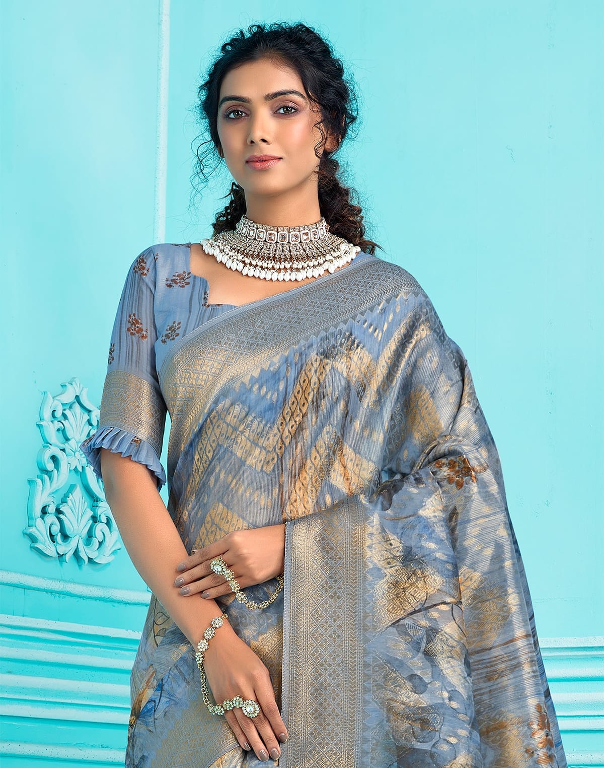 Collection of Sky Blue Floral digital print with zari weaving Organza Saree in a gallery layout