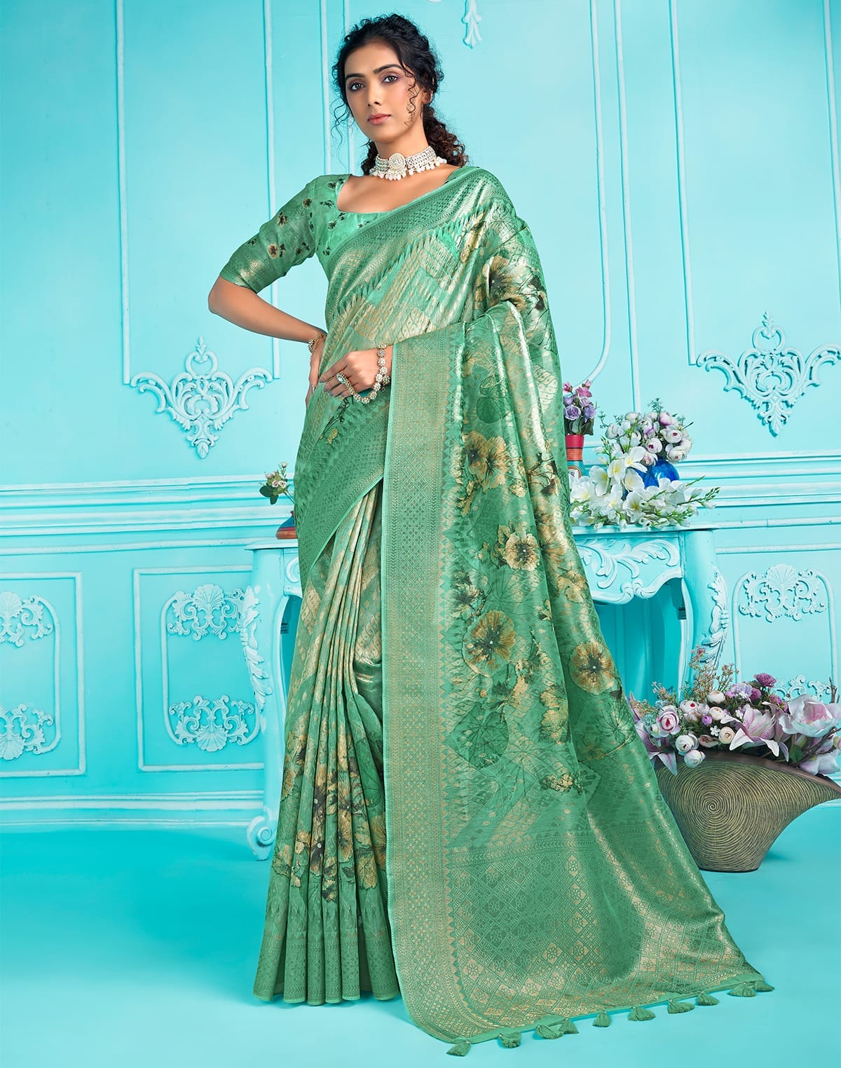 Collection of Wonderful Organza Fabric with digital print Floral design Saree in a gallery layout