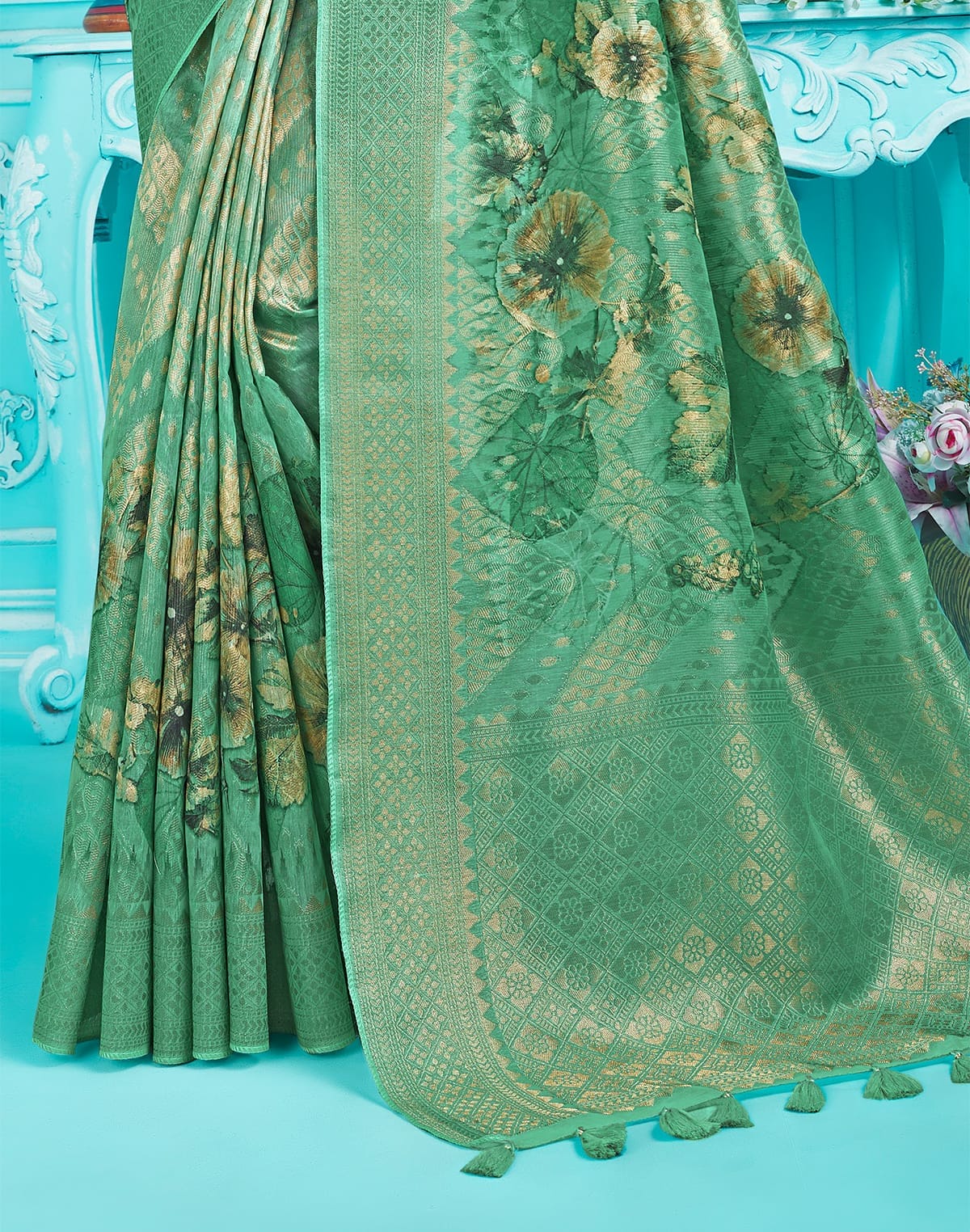 Collection of Wonderful Organza Fabric with digital print Floral design Saree in a gallery layout