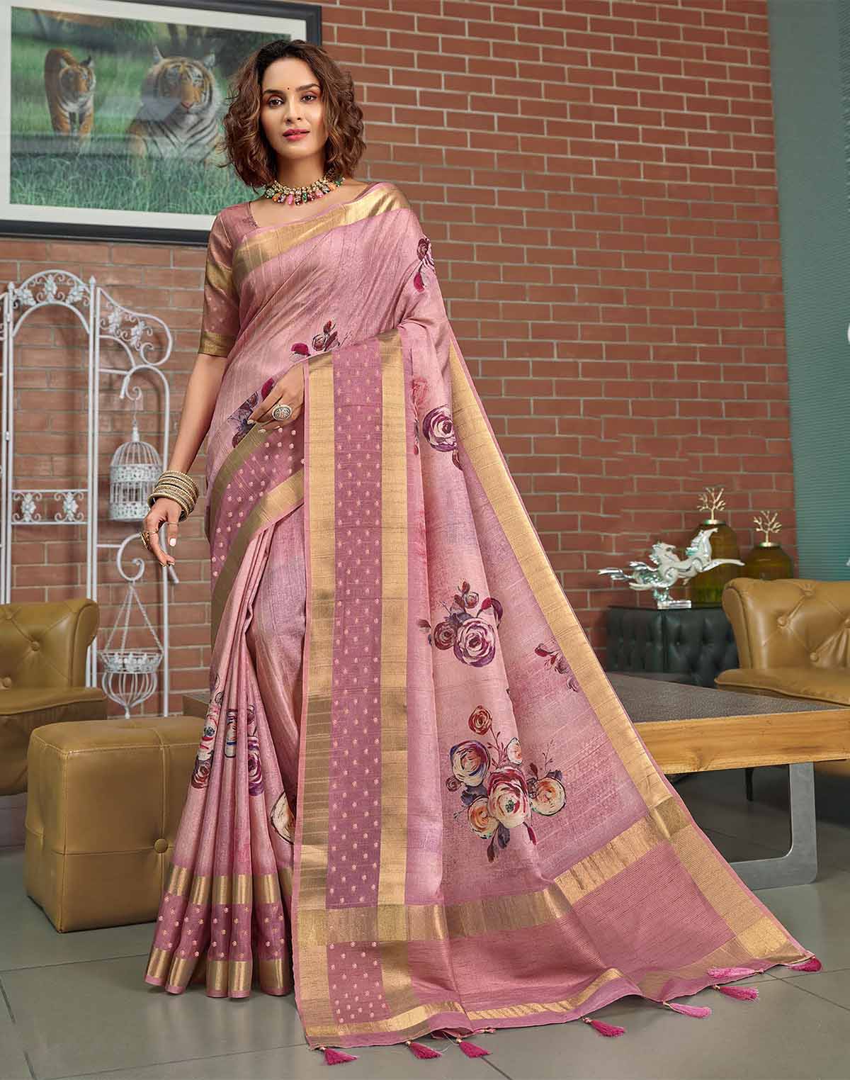 Light Pink Digital Print Jute Silk Fancy Saree